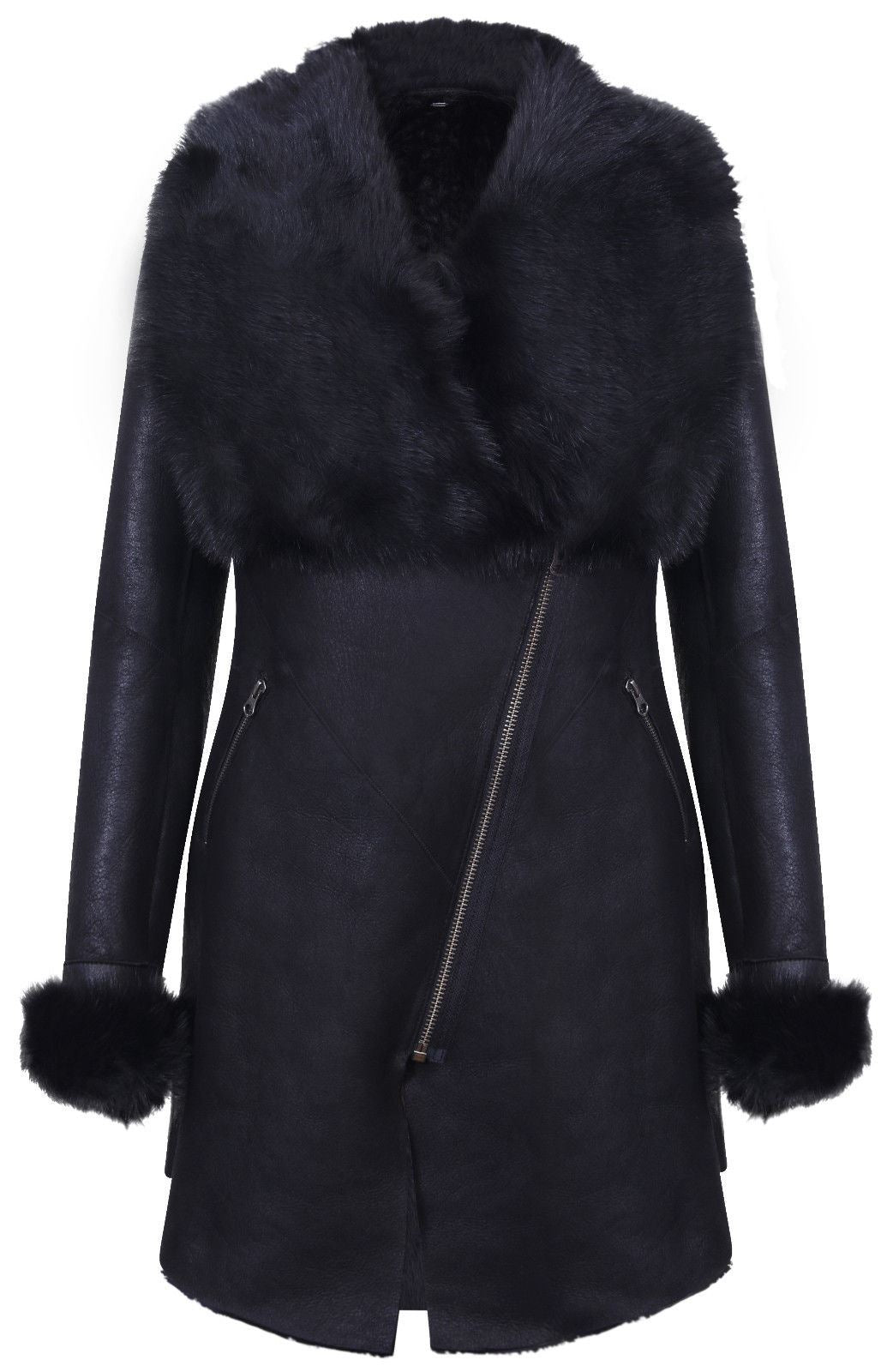 Womens Black Merino Shearling Toscana Coat-Romford