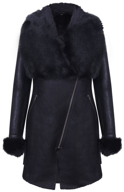 Womens Black Merino Shearling Toscana Coat-Romford