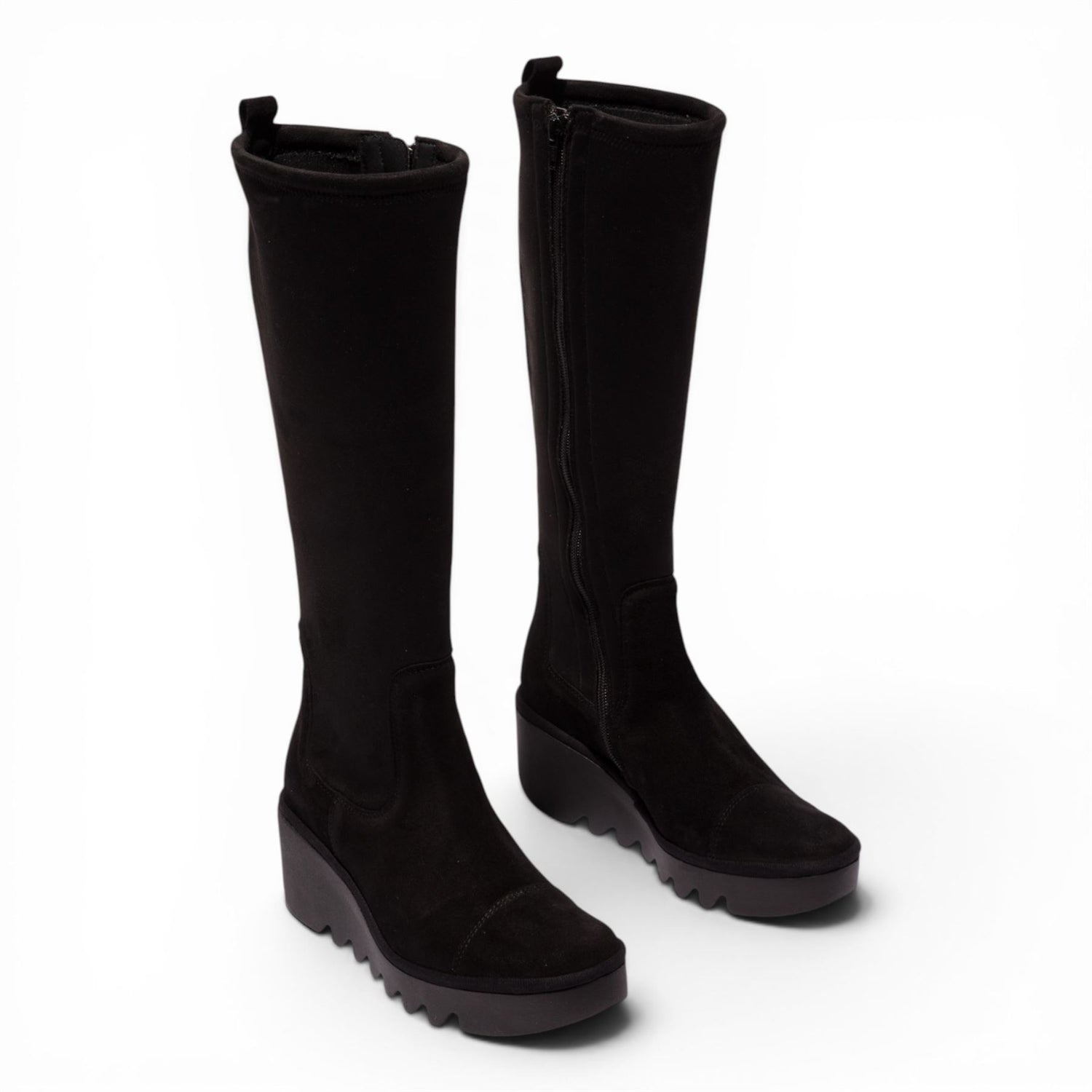 Fly London Womens Black Suede Leather High Wedge Heel Long Boots - BUDI603