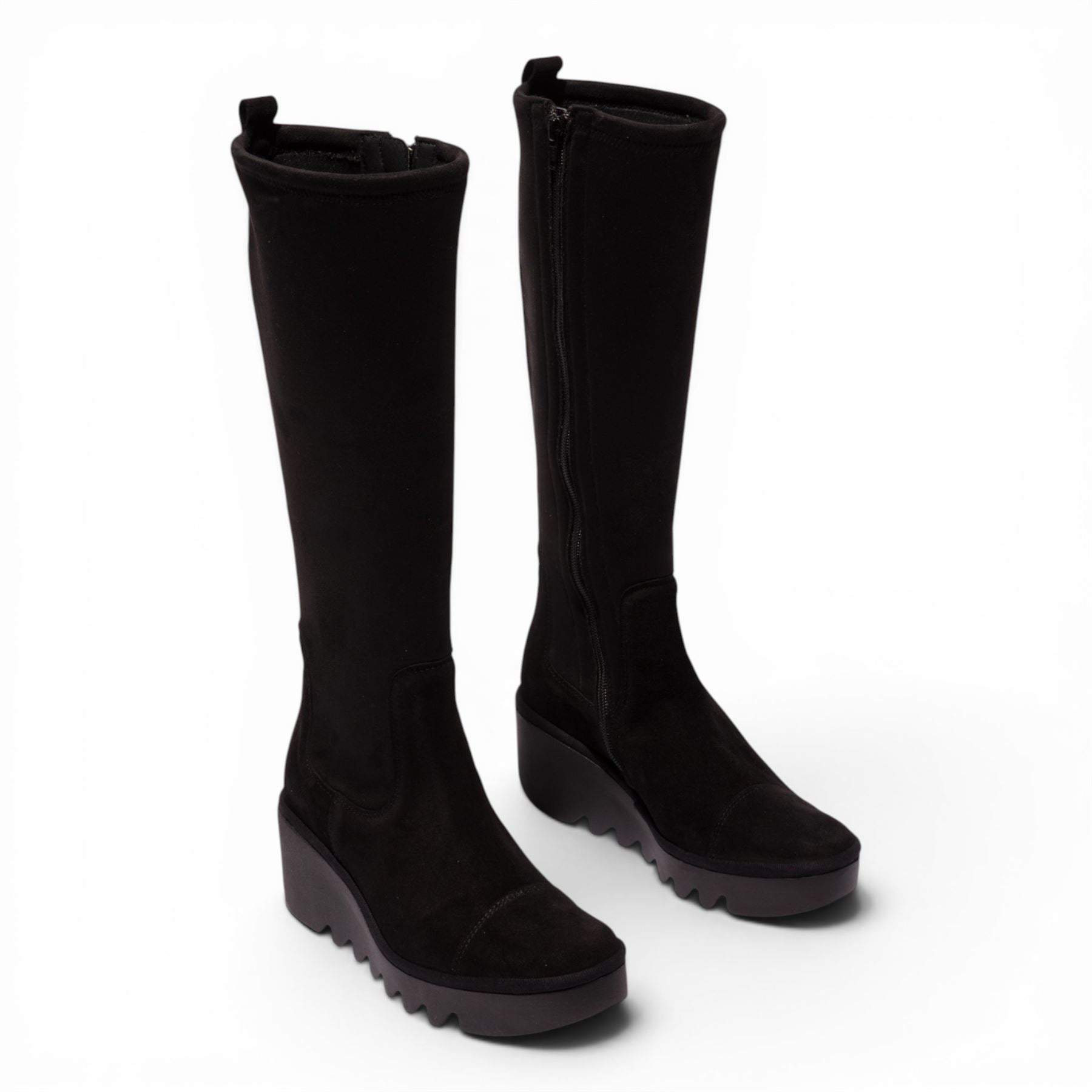 Fly London Womens Black Suede Leather High Wedge Heel Long Boots - BUDI603