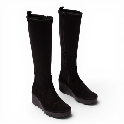 Fly London Womens Black Suede Leather High Wedge Heel Long Boots - BUDI603