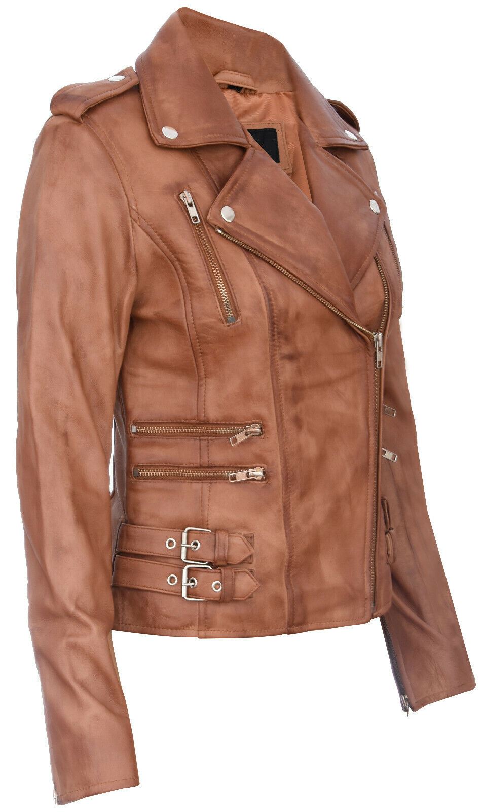 Womens Leather Brando Biker Jacket-Loddon