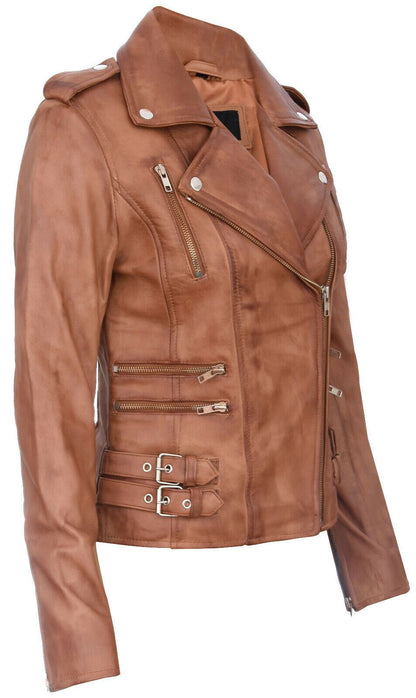 Womens Leather Brando Biker Jacket-Loddon