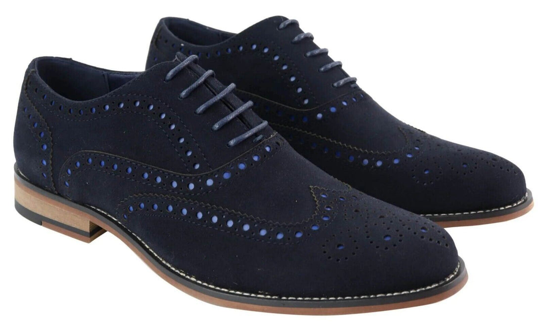 Mens Classic Oxford Brogue Shoes in Navy Blue Suede - Upperclass Fashions 