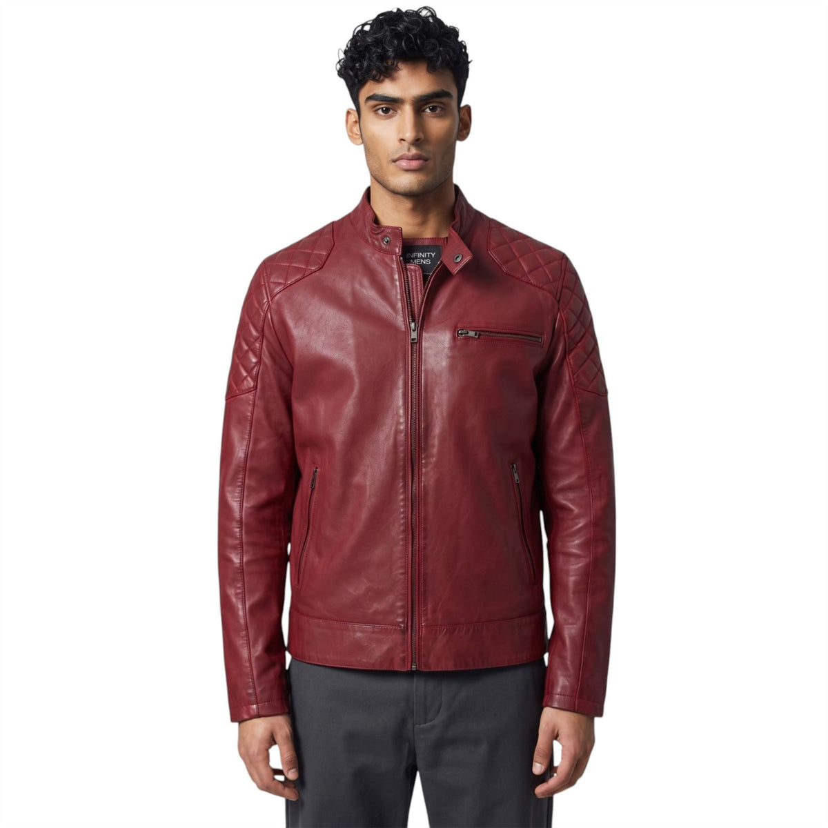 Mens Leather Quilted Shoulder Biker Jacket - Rock