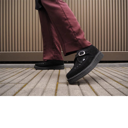 TUK Pointed Creeper Black Suede Monk Buckle Platform Shoes - A8139