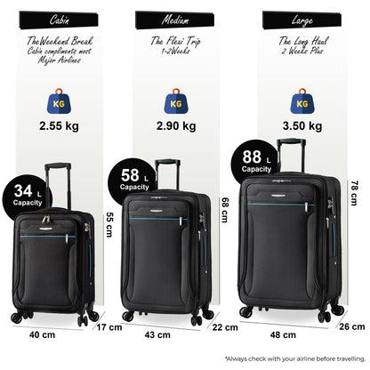 Calera Set of 3 Soft Shell Suitcase in Black