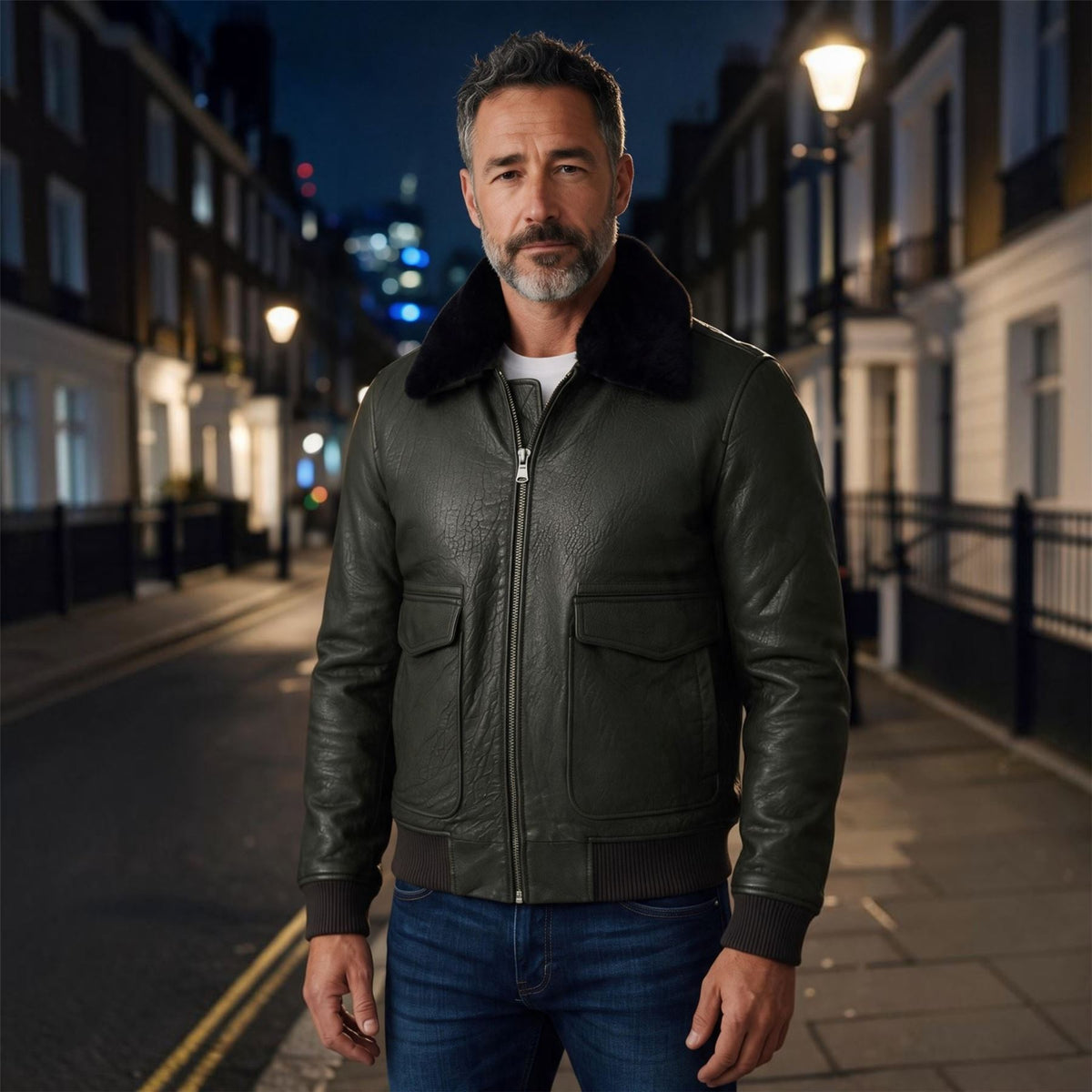 Mens Leather Aviator Bomber Jacket - Lunar
