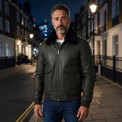 Mens Leather Aviator Bomber Jacket - Lunar