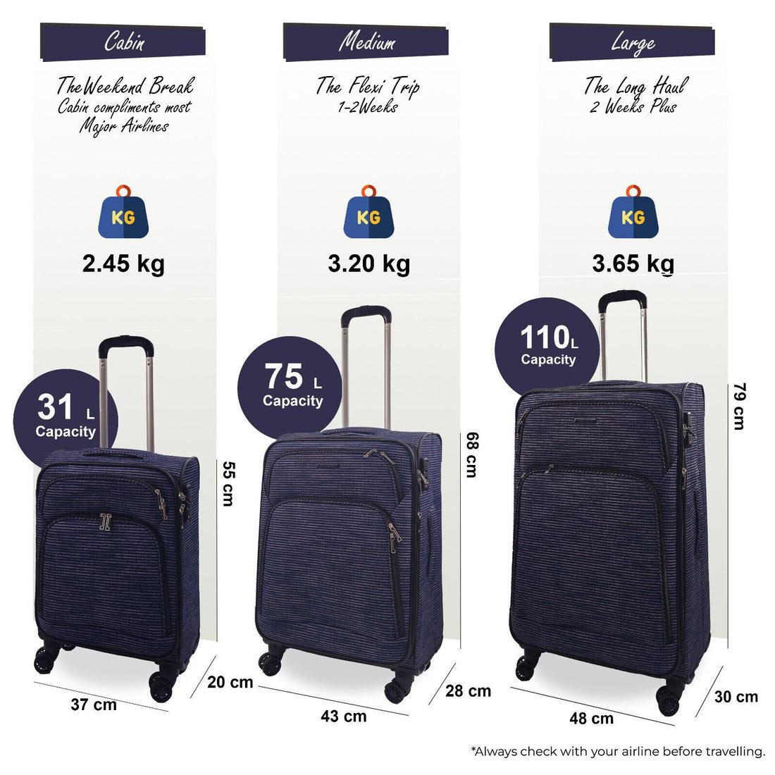 Ashville Set of 3 Soft Shell Suitcase in Lines