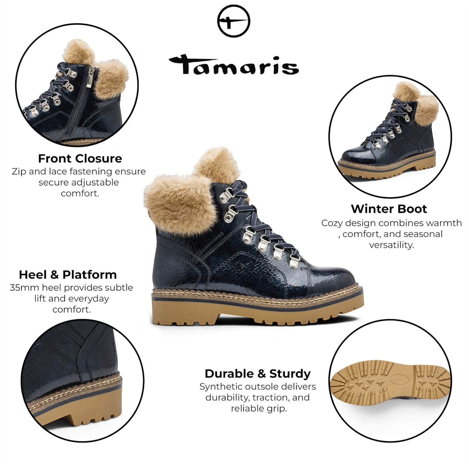 Tamaris Women’s Blue Faux Leather Warm Winter Ankle Boots - 26264-43