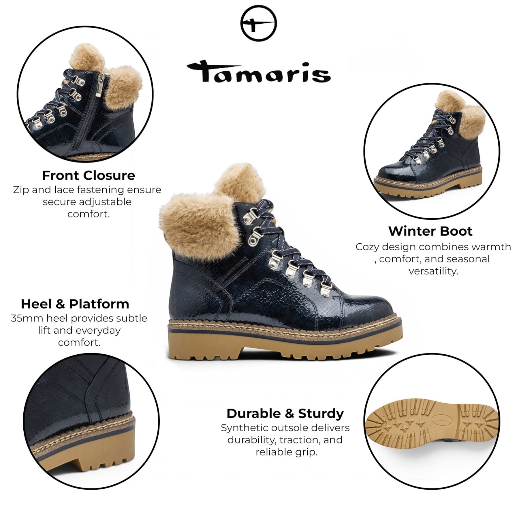 Tamaris Women’s Blue Faux Leather Warm Winter Ankle Boots - 26264-43