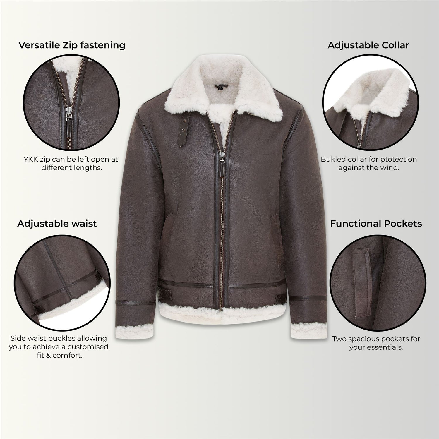 Mens Warm Sheepskin Aviator Zip-Up Flight Jacket-Harrogate