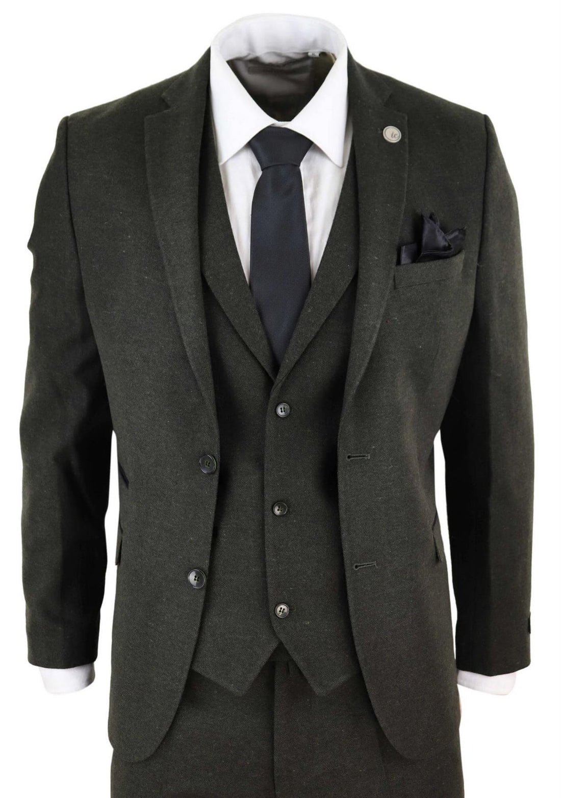 Mens 3 Piece Olive Green Wool Tweed Vintage Retro Suit