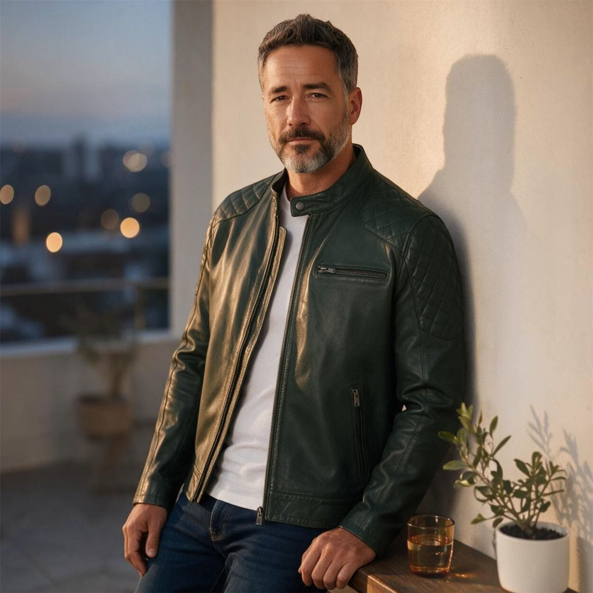 Mens Leather Quilted Shoulder Biker Jacket - Rock