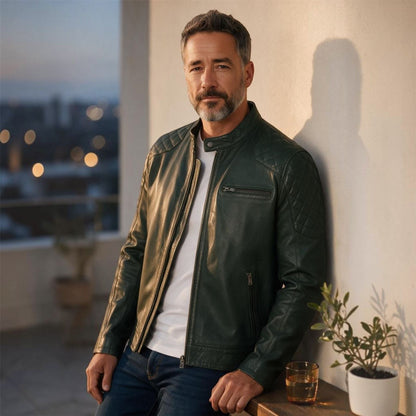 Mens Leather Quilted Shoulder Biker Jacket - Rock