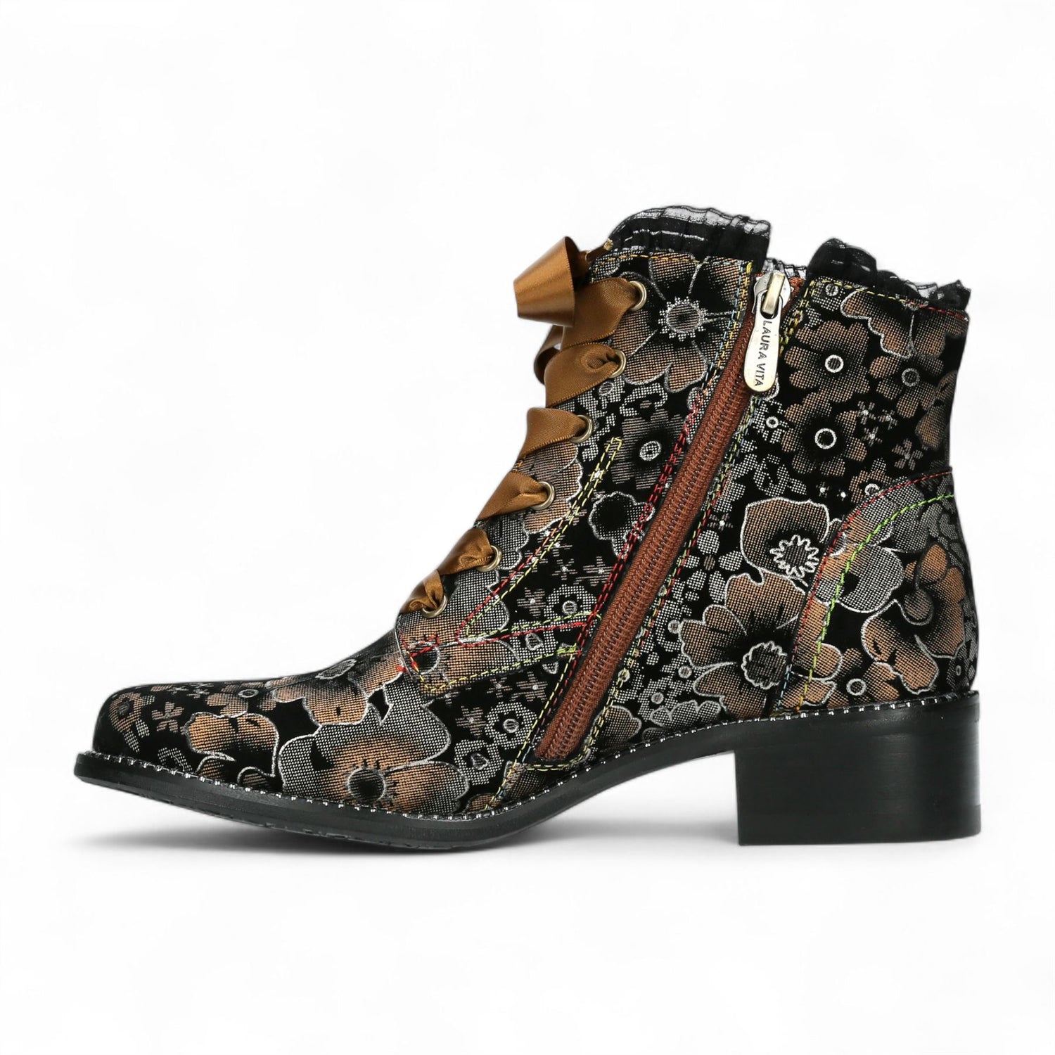 Laura Vita Emcmao-45 Brown Floral Womens Gothic Victorian Leather Ankle Heeled Boots