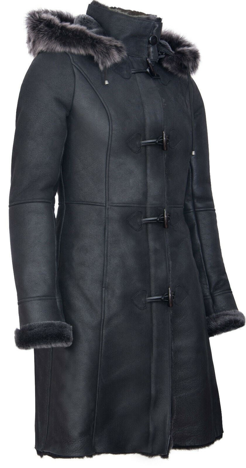 Womens Sheepskin Hooded Black Duffle Overcoat-Redhill