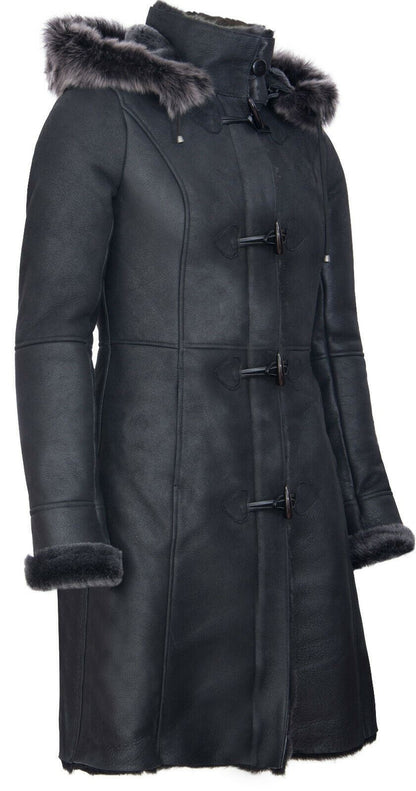 Womens Sheepskin Hooded Black Duffle Overcoat-Redhill