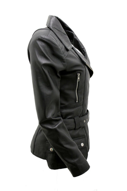 Womens Mid-length Leather Biker Jacket-Middlewich