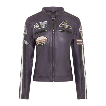 Womens Biker Racing Badges Leather Jacket-Eastleigh