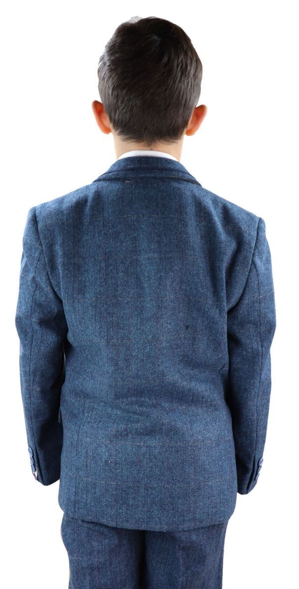 Boys 3 Piece Blue  Herringbone Tweed Check Classic  Suit