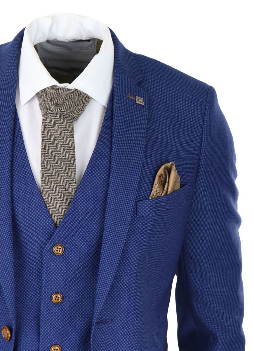 Mens 3 Piece Royal Blue Birdseye Classic Suit - Upperclass Fashions 