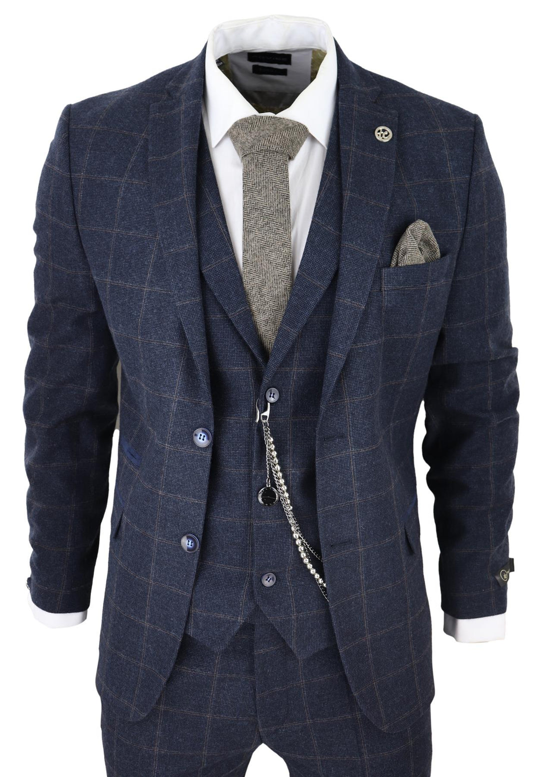 Mens 3 Piece Wool Suit Navy Blue Tweed Check Peaky Blinders 1920 Gatsby Formal - Upperclass Fashions 