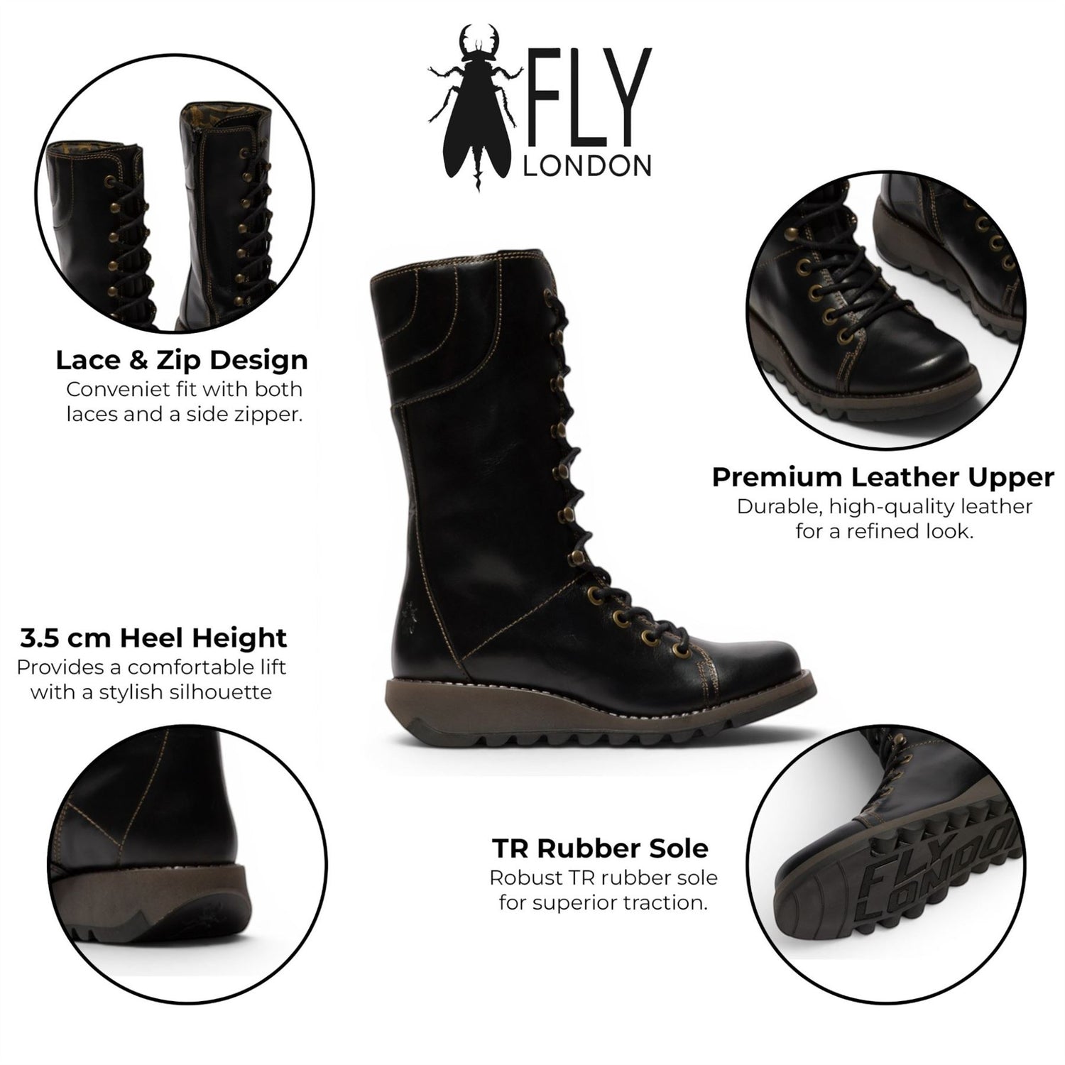 Fly London Women’s Black Leather Lace-Up Combat Ankle Boots- STER768