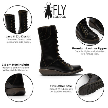 Fly London Women’s Black Leather Lace-Up Combat Ankle Boots- STER768