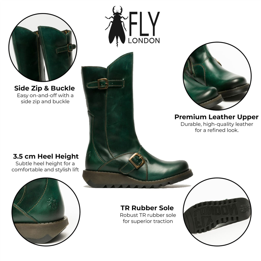 Fly London Womens Green MES 2 Wedge Heel Buckle Mid-Calf Leather Zip Platform Boots