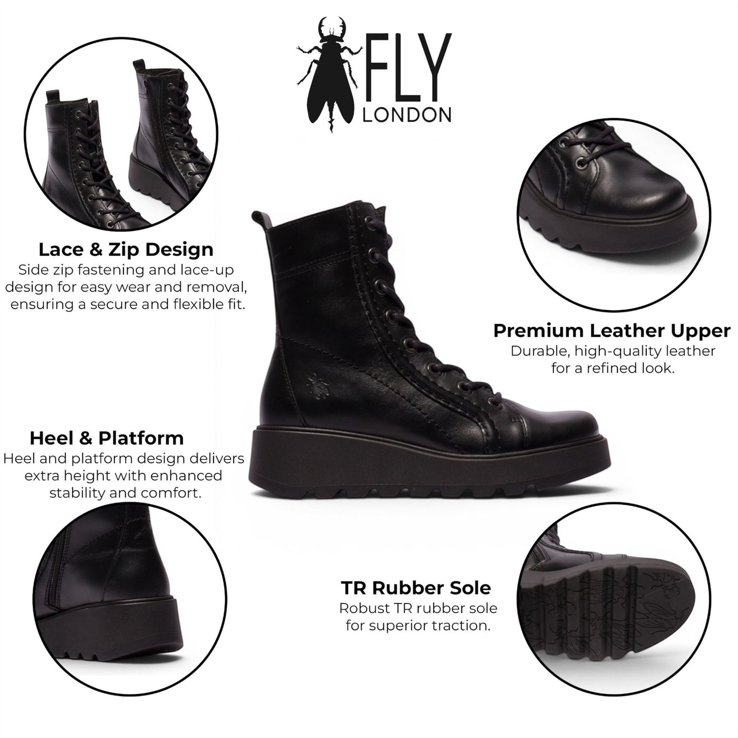 Fly London Womens Black Leather Lace-Up Wedge Heel Combat Boots - TERY554