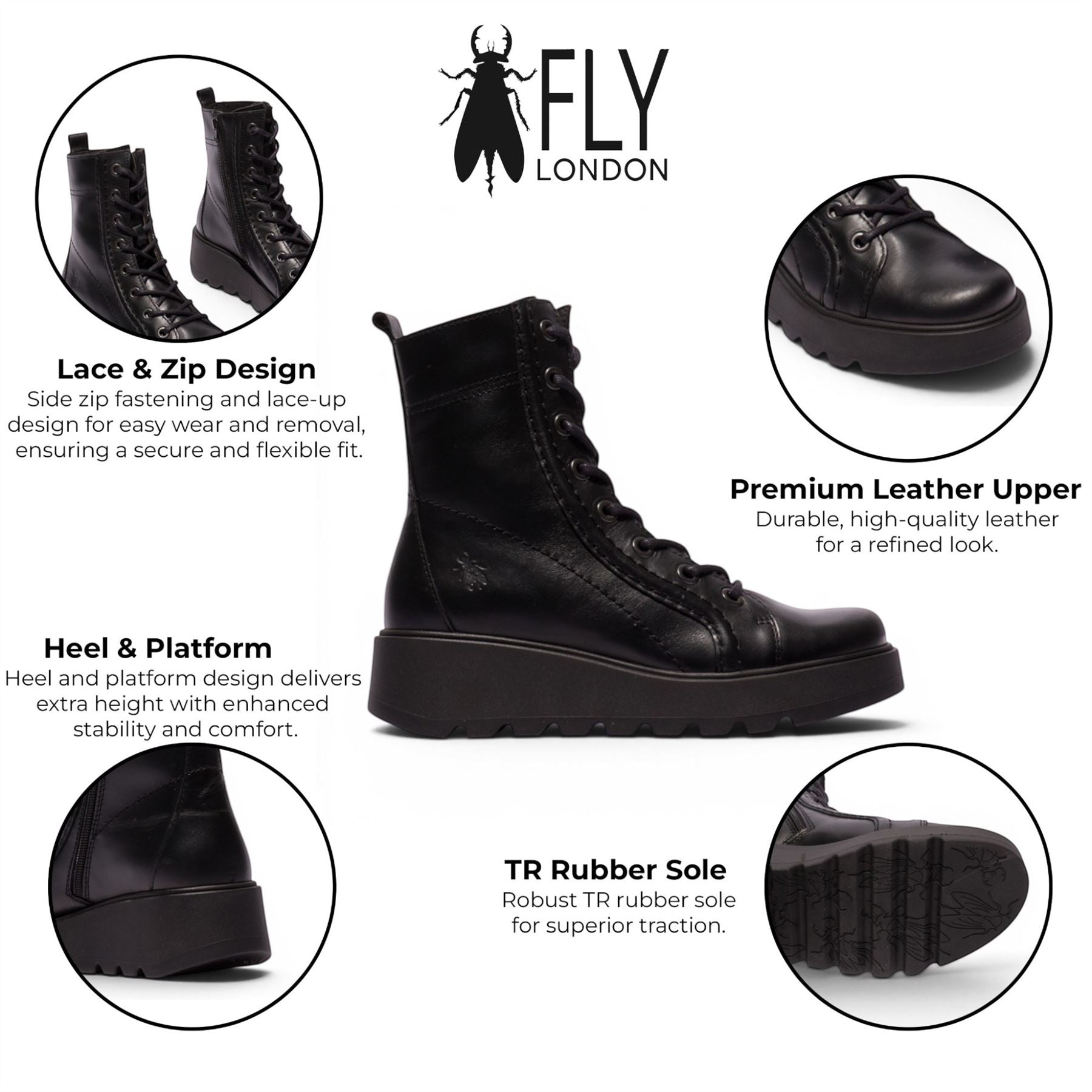 Fly London Womens Black Leather Lace-Up Wedge Heel Combat Boots - TERY554