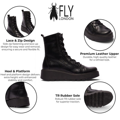 Fly London Womens Black Leather Lace-Up Wedge Heel Combat Boots - TERY554