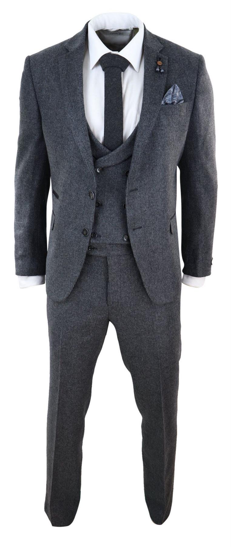Mens Grey 3 Piece Tweed Suit Vintage Harringbone 1920s Retro Peaky Blinders - Upperclass Fashions 