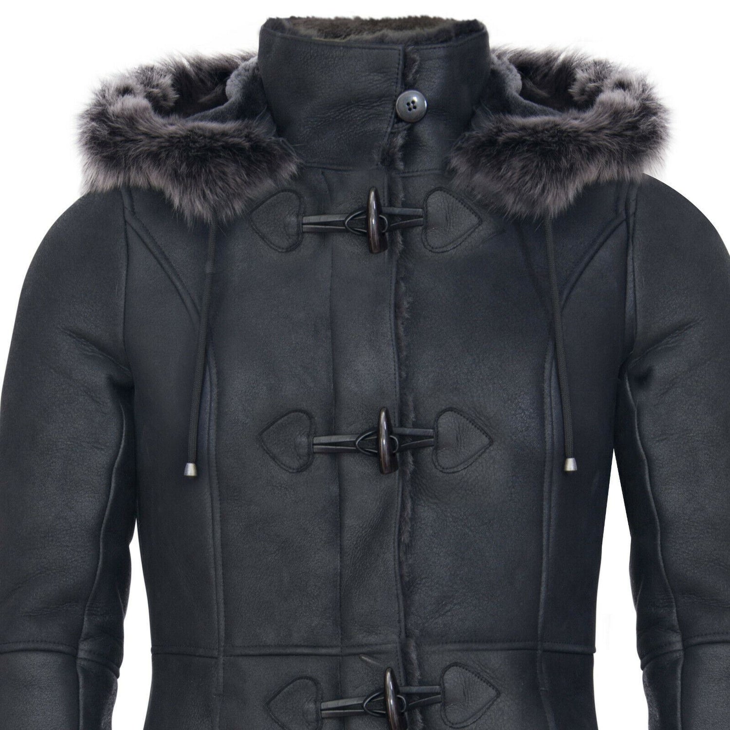 Womens Sheepskin Hooded Black Duffle Overcoat-Redhill