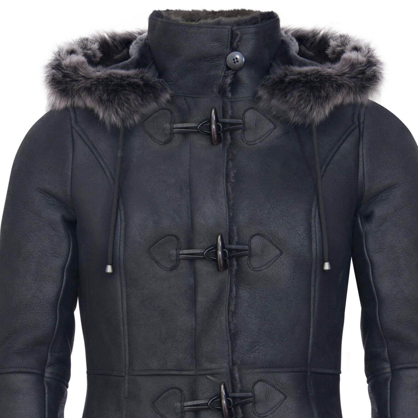 Womens Sheepskin Hooded Black Duffle Overcoat-Redhill