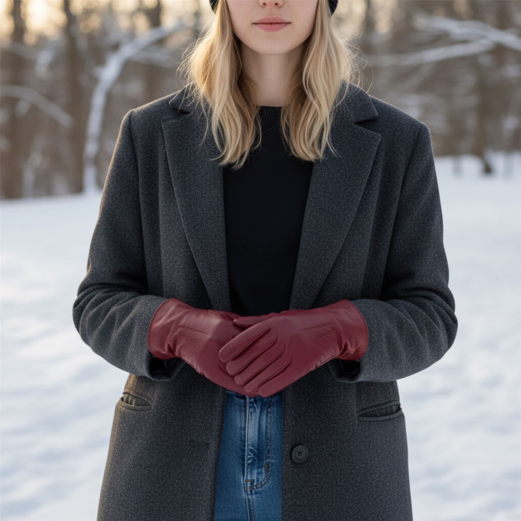 Womens Italian Leather Winter Stitch Line Design Soft Wool Lining Gloves