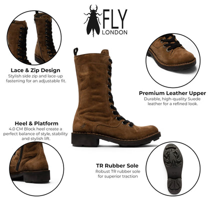 Fly London Women’s Brown Leather Lace-Up Combat Ankle Boots- NOLE176