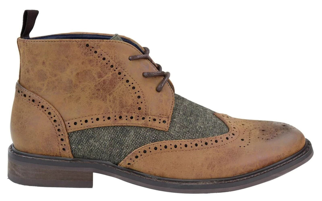Mens Classic Tweed Oxford Brogue Ankle Boots in Tan Leather - Upperclass Fashions 