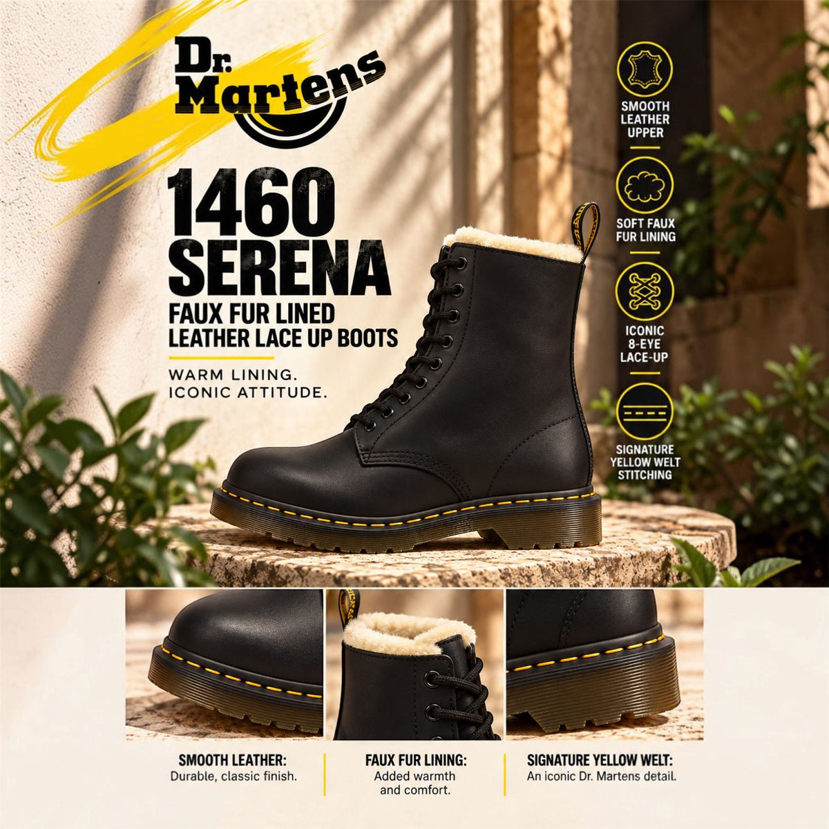 Dr Martens 1460 Serena Black Faux Fur Lined Leather Boots - 21797001