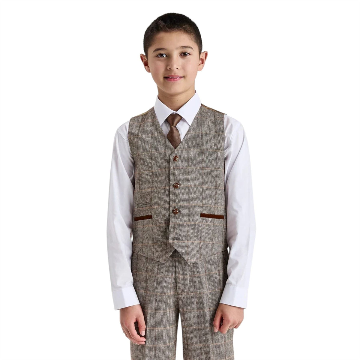 Boys Brown Tailored Fit Tweed 3 Piece Formal Suit - Harris