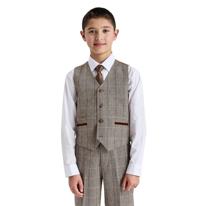 Boys Brown Tailored Fit Tweed 3 Piece Formal Suit - Harris