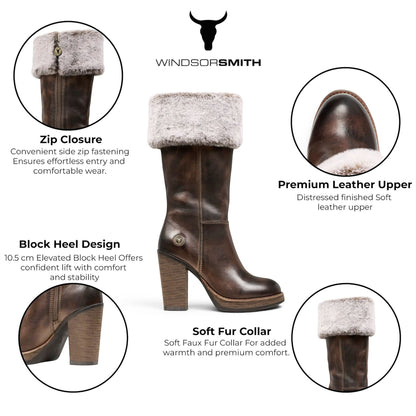 Windsorsmith Womens Mid Calf Brown Leather High Heel Fur Boots - Lovestruck