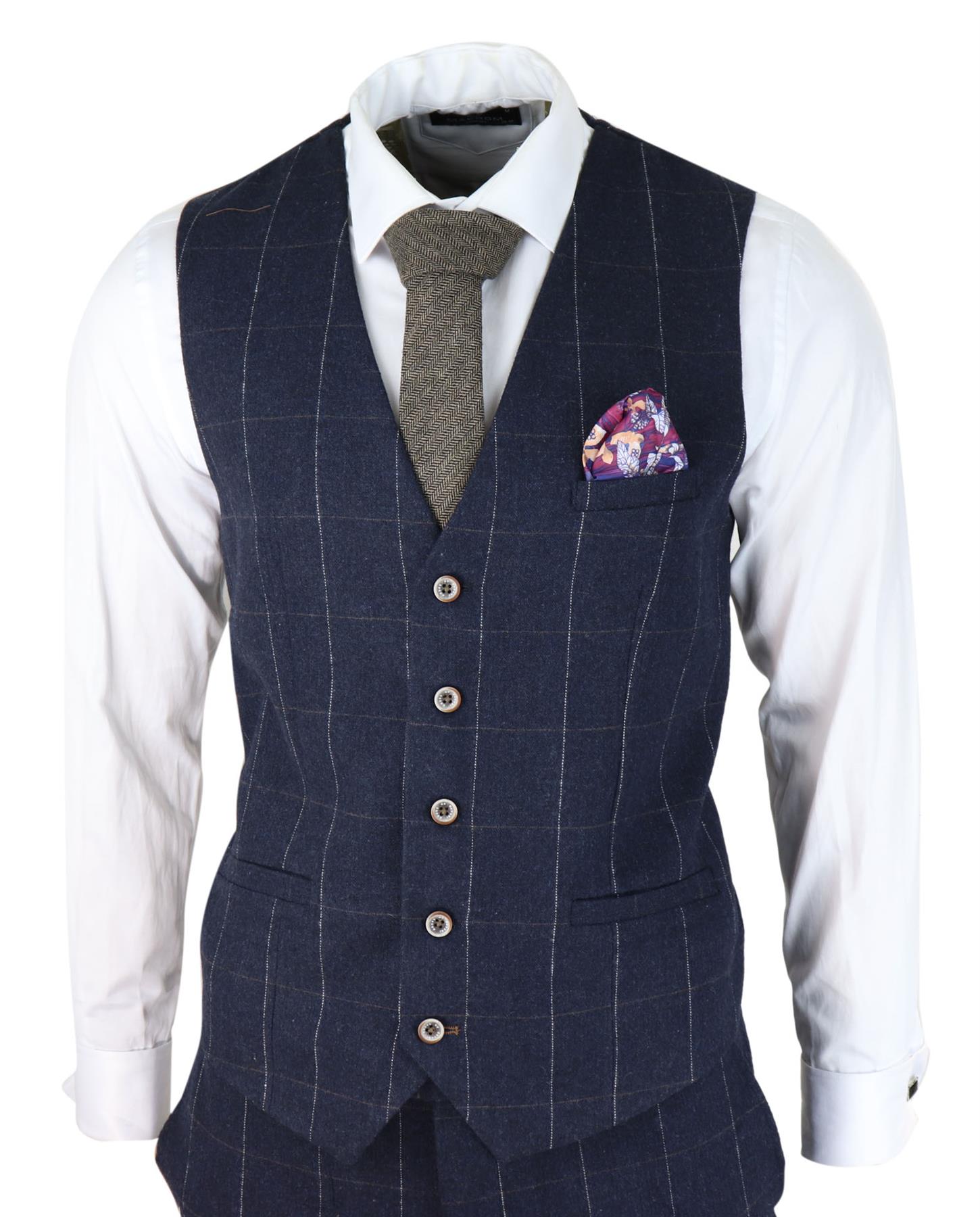 Mens 3 Piece Wool Suit Navy Blue Tweed Check Peaky Blinders 1920 Gatsby Formal - Upperclass Fashions 