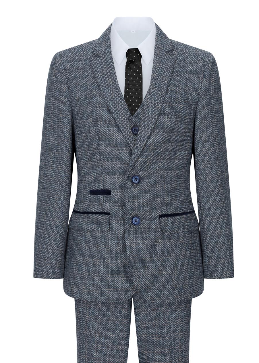 Boys 3 Piece Blue Tweed Check Vintage Retro Suit