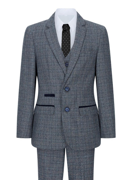 Boys 3 Piece Blue Tweed Check Vintage Retro Suit