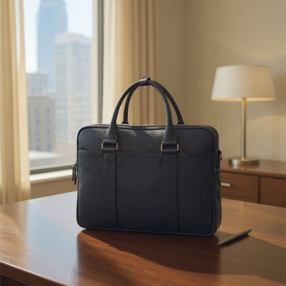 Genuine Leather Navy Laptop Business Briefcase Office Work Travel Bag - Sutton