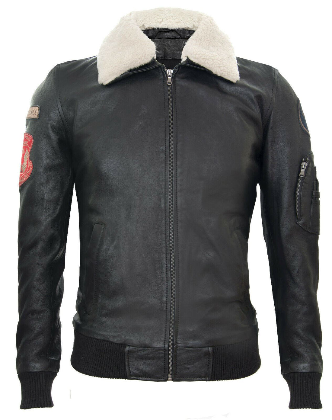 Black Leather Air Force Bomber Jacket with Detachable Collar - Miami - Upperclass Fashions 