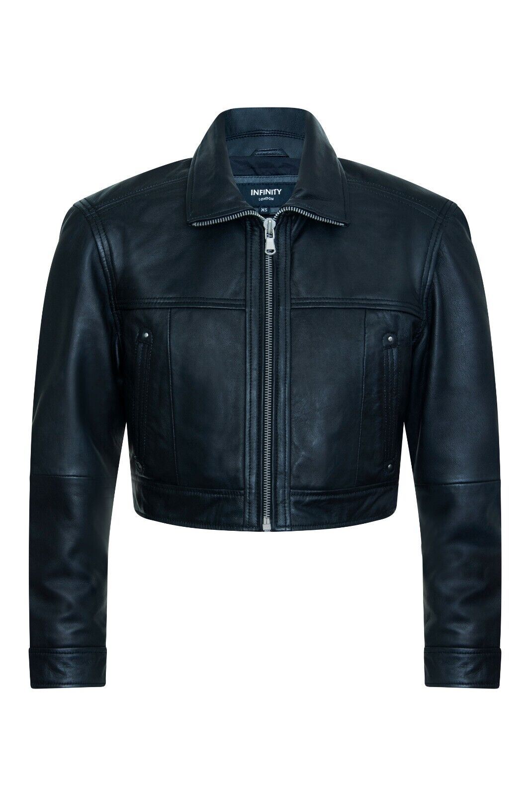 Womens Black Cropped Biker Leather Jacket - Wellington